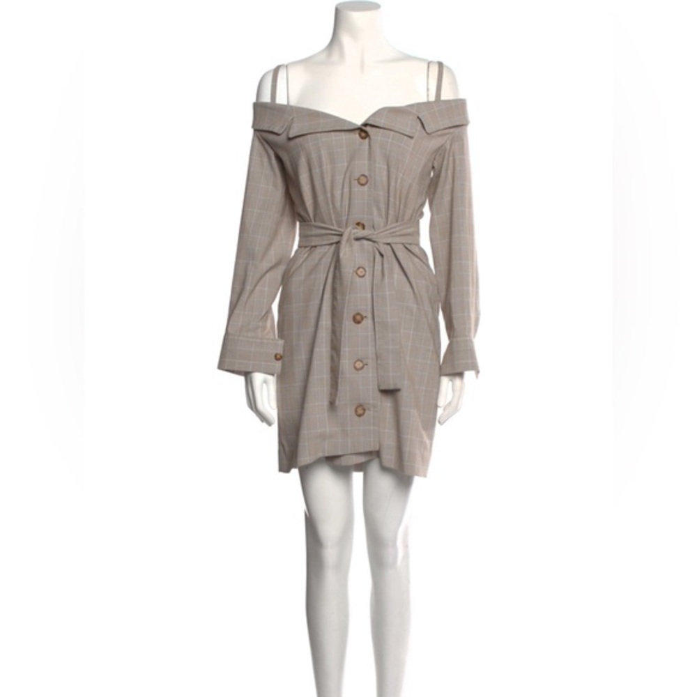 Maje Beige Plaid Off-Shoulder Mini Dress Size 1
